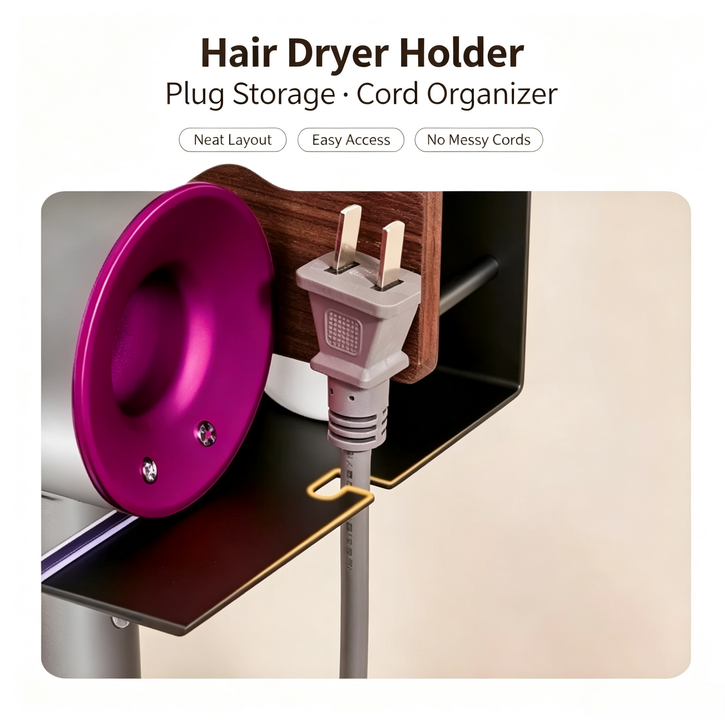 Wall Mounted Hair Dryer Holder Rack with Walnut Wood Accent, Bathroom Styling Tool Organizer with Storage Compartment