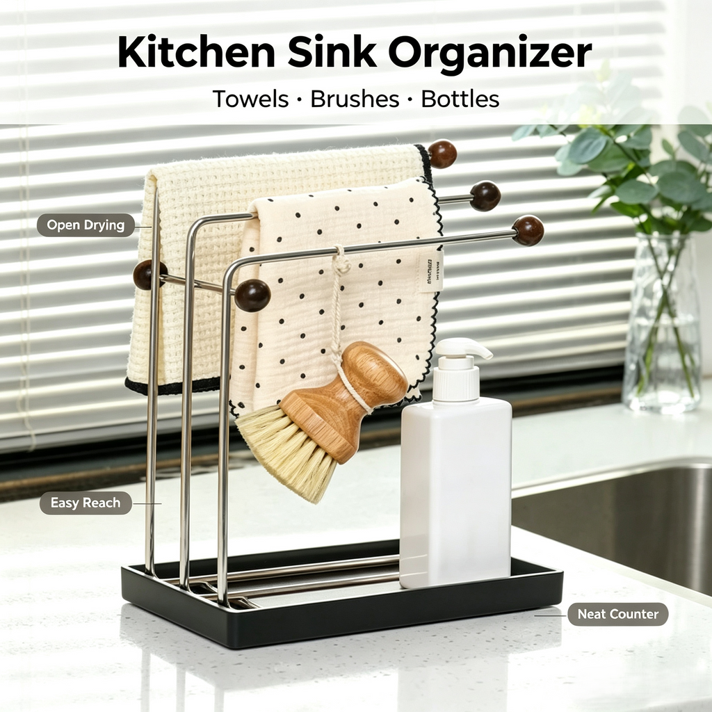 3-Tier Kitchen Dish Cloth Drying Rack, Stainless Steel Countertop Towel Holder with Detachable Drip Tray