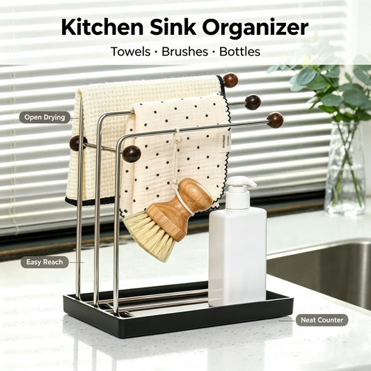 3-Tier Kitchen Dish Cloth Drying Rack, Stainless Steel Countertop Towel Holder with Detachable Drip Tray