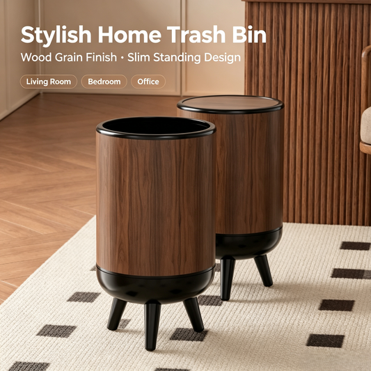 Wood Grain Round Trash Can with Tripod Base, Double Layer Detachable Waste Bin with Swing Lid