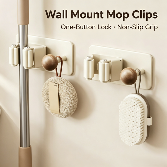 Drill-Free Wall Mounted Mop &amp; Broom Holder with Wooden Hook, Anti-Slip Silicone Clip Storage Organizer