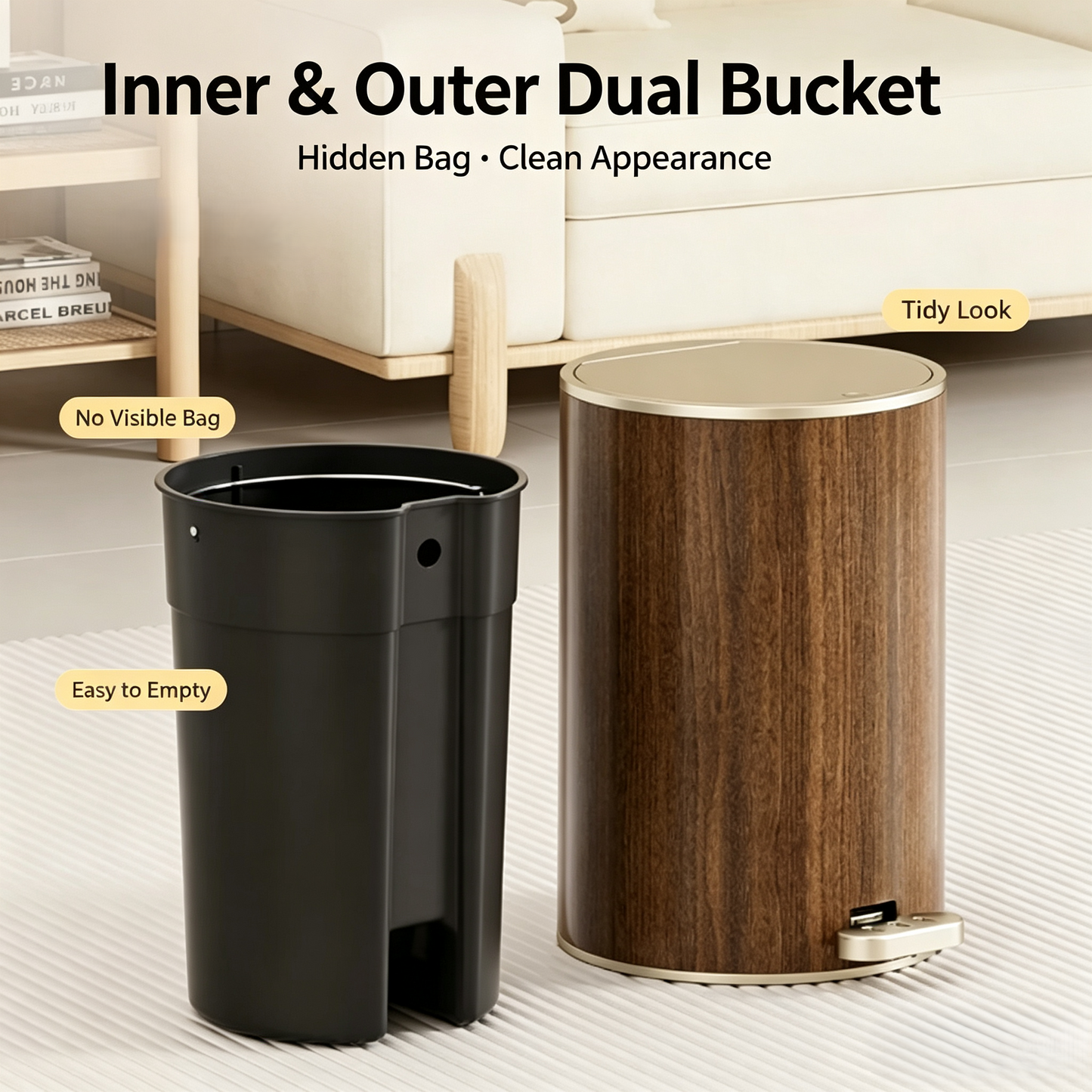 Walnut Wood Grain Pedal Trash Can, Dual-Opening Round Waste Bin with Removable Inner Bucket