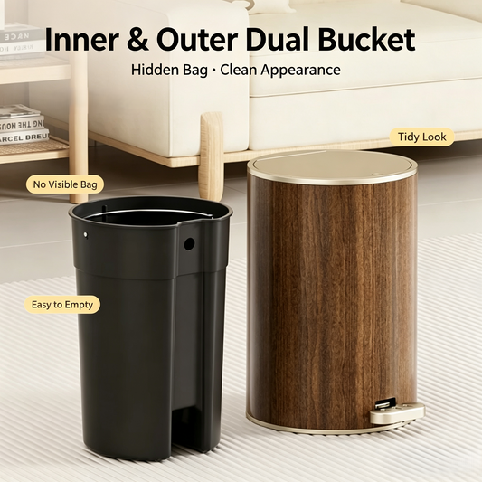 Walnut Wood Grain Pedal Trash Can, Dual-Opening Round Waste Bin with Removable Inner Bucket