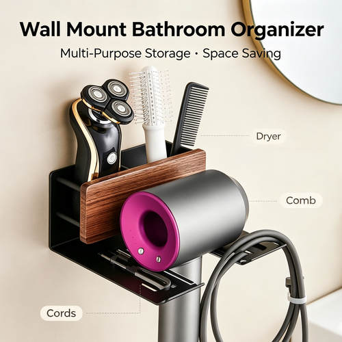Wall Mounted Hair Dryer Holder Rack with Walnut Wood Accent, Bathroom Styling Tool Organizer with Storage Compartment