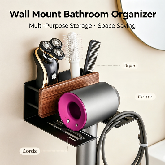 Wall Mounted Hair Dryer Holder Rack with Walnut Wood Accent, Bathroom Styling Tool Organizer with Storage Compartment
