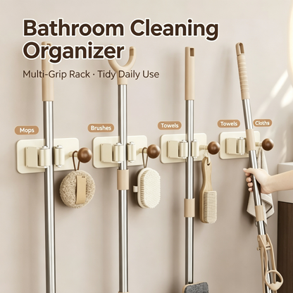 Drill-Free Wall Mounted Mop &amp; Broom Holder with Wooden Hook, Anti-Slip Silicone Clip Storage Organizer