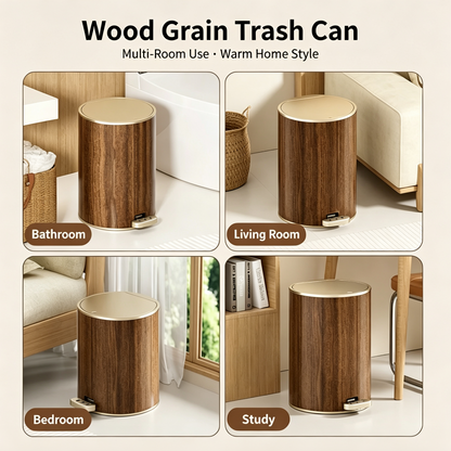 Walnut Wood Grain Pedal Trash Can, Dual-Opening Round Waste Bin with Removable Inner Bucket