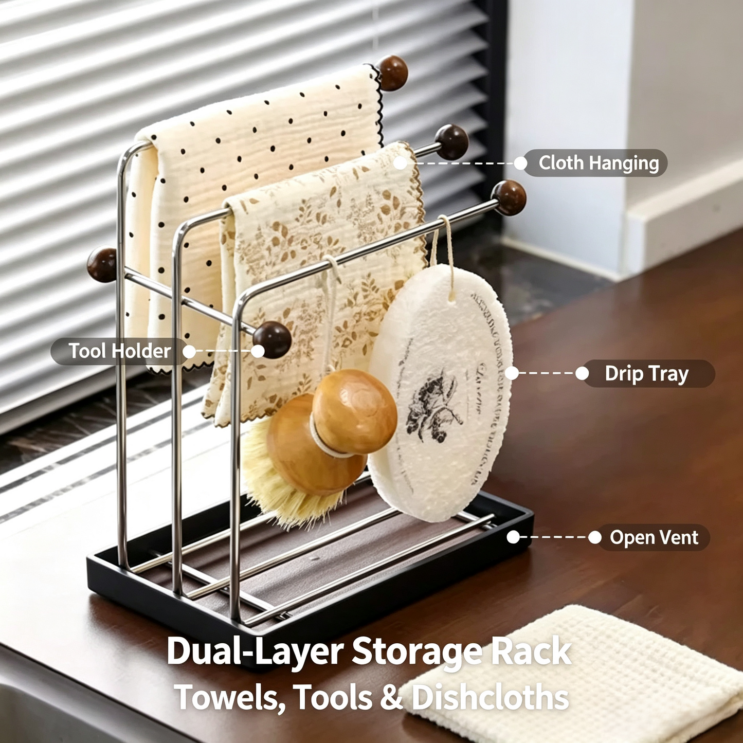 3-Tier Kitchen Dish Cloth Drying Rack, Stainless Steel Countertop Towel Holder with Detachable Drip Tray