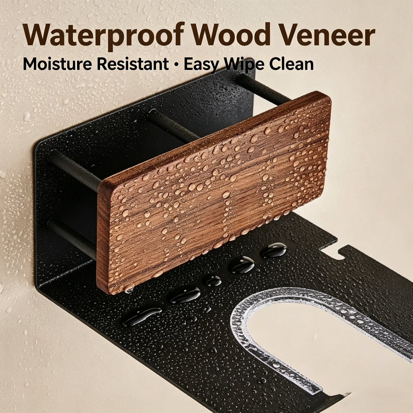 Wall Mounted Hair Dryer Holder Rack with Walnut Wood Accent, Bathroom Styling Tool Organizer with Storage Compartment