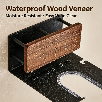 Wall Mounted Hair Dryer Holder Rack with Walnut Wood Accent, Bathroom Styling Tool Organizer with Storage Compartment
