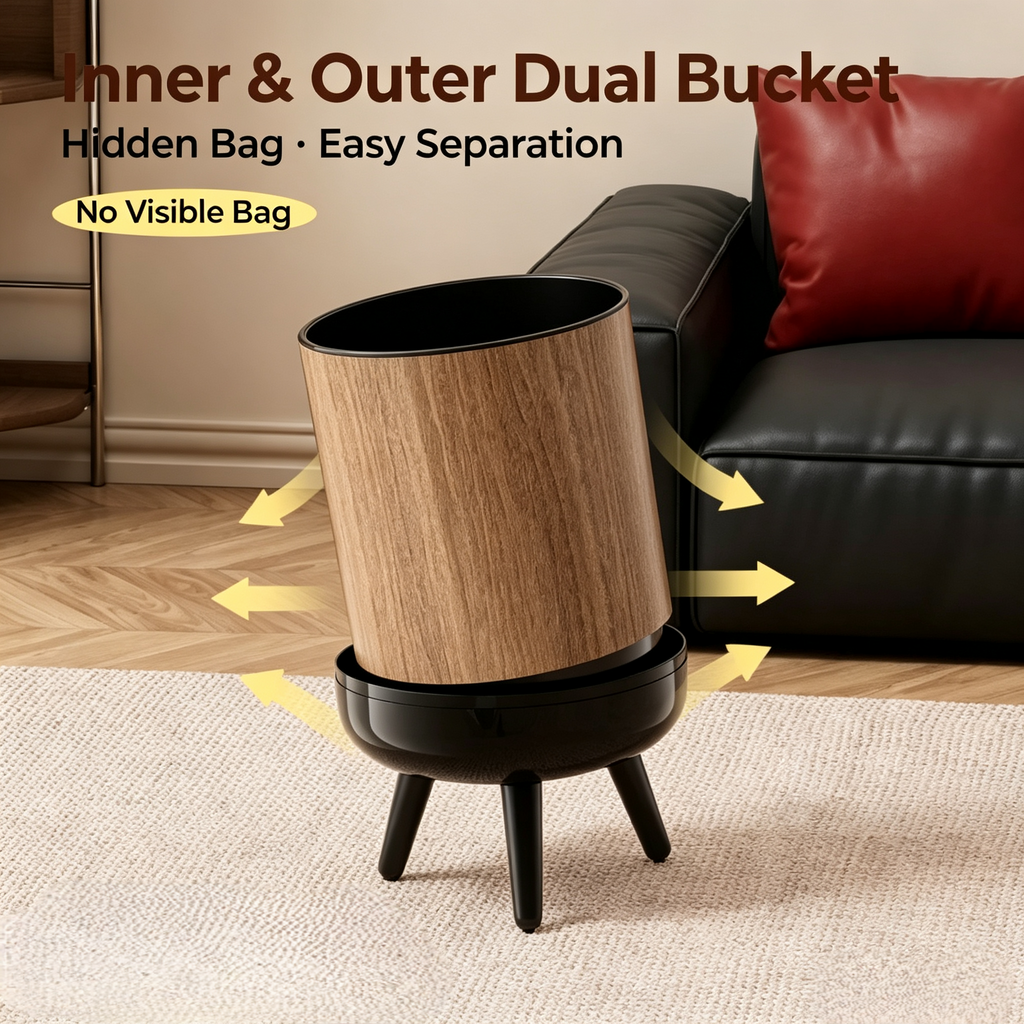 Wood Grain Round Trash Can with Tripod Base, Double Layer Detachable Waste Bin with Swing Lid