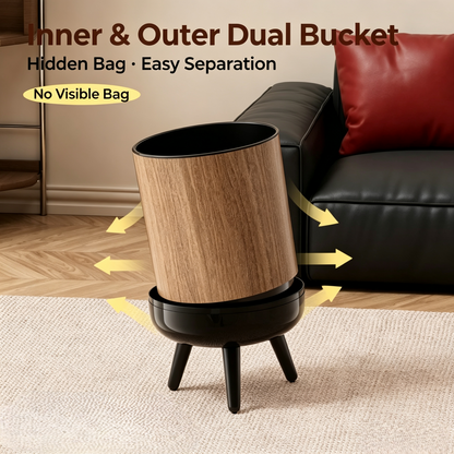 Wood Grain Round Trash Can with Tripod Base, Double Layer Detachable Waste Bin with Swing Lid