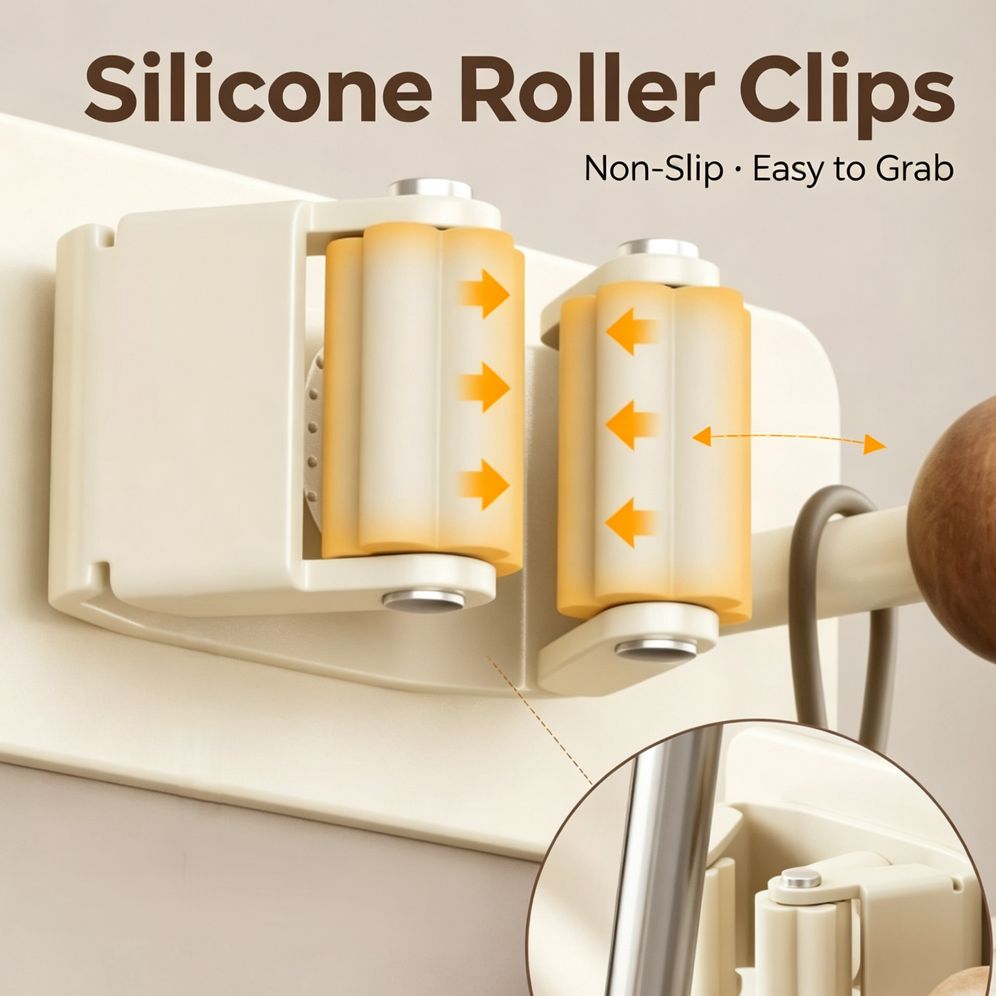 Drill-Free Wall Mounted Mop &amp; Broom Holder with Wooden Hook, Anti-Slip Silicone Clip Storage Organizer