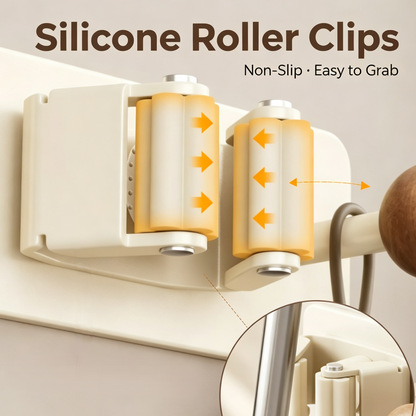 Drill-Free Wall Mounted Mop &amp; Broom Holder with Wooden Hook, Anti-Slip Silicone Clip Storage Organizer