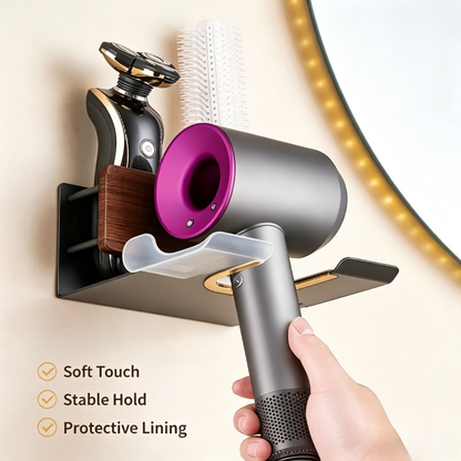 Wall Mounted Hair Dryer Holder Rack with Walnut Wood Accent, Bathroom Styling Tool Organizer with Storage Compartment