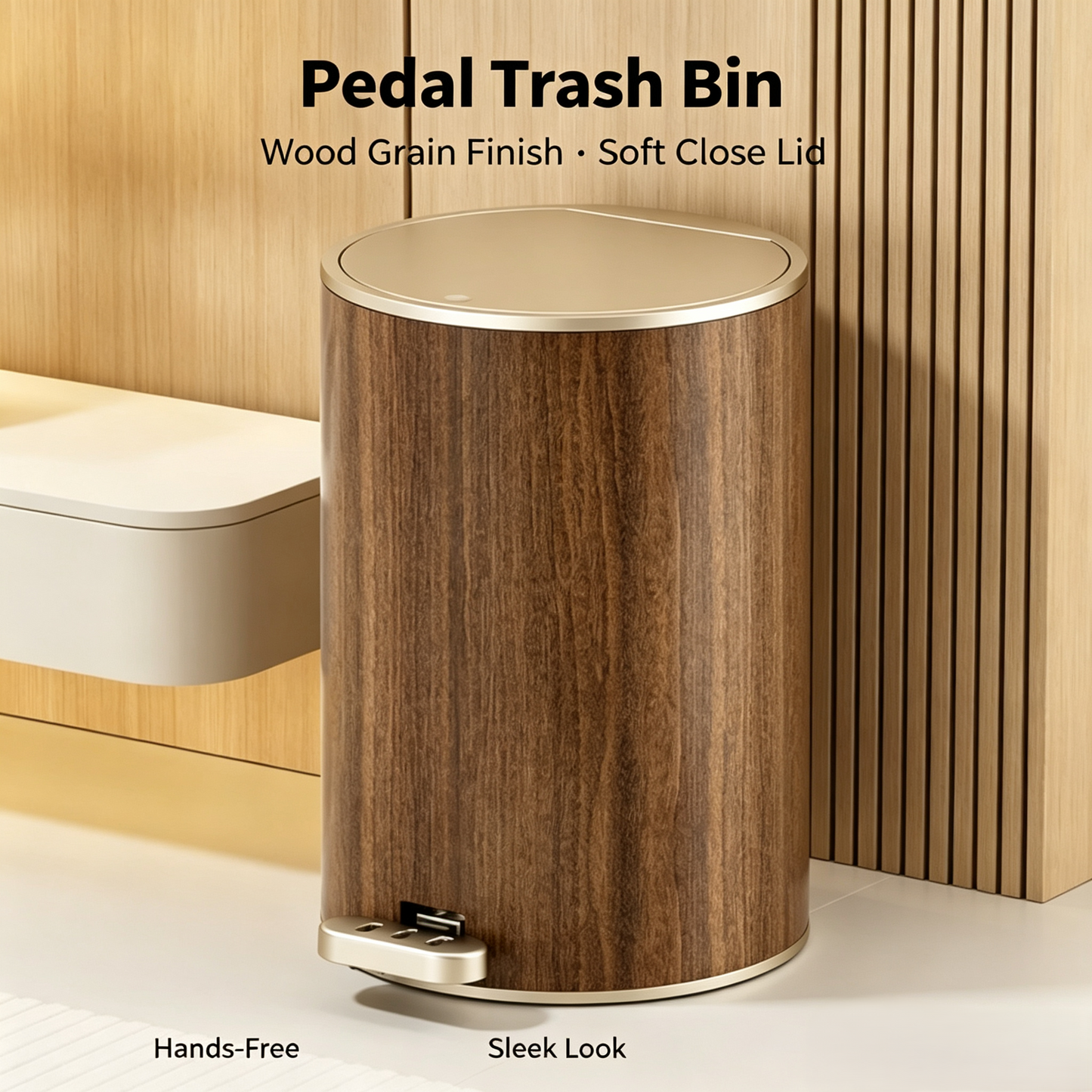 Walnut Wood Grain Pedal Trash Can, Dual-Opening Round Waste Bin with Removable Inner Bucket