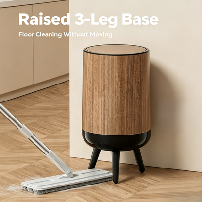 Wood Grain Round Trash Can with Tripod Base, Double Layer Detachable Waste Bin with Swing Lid