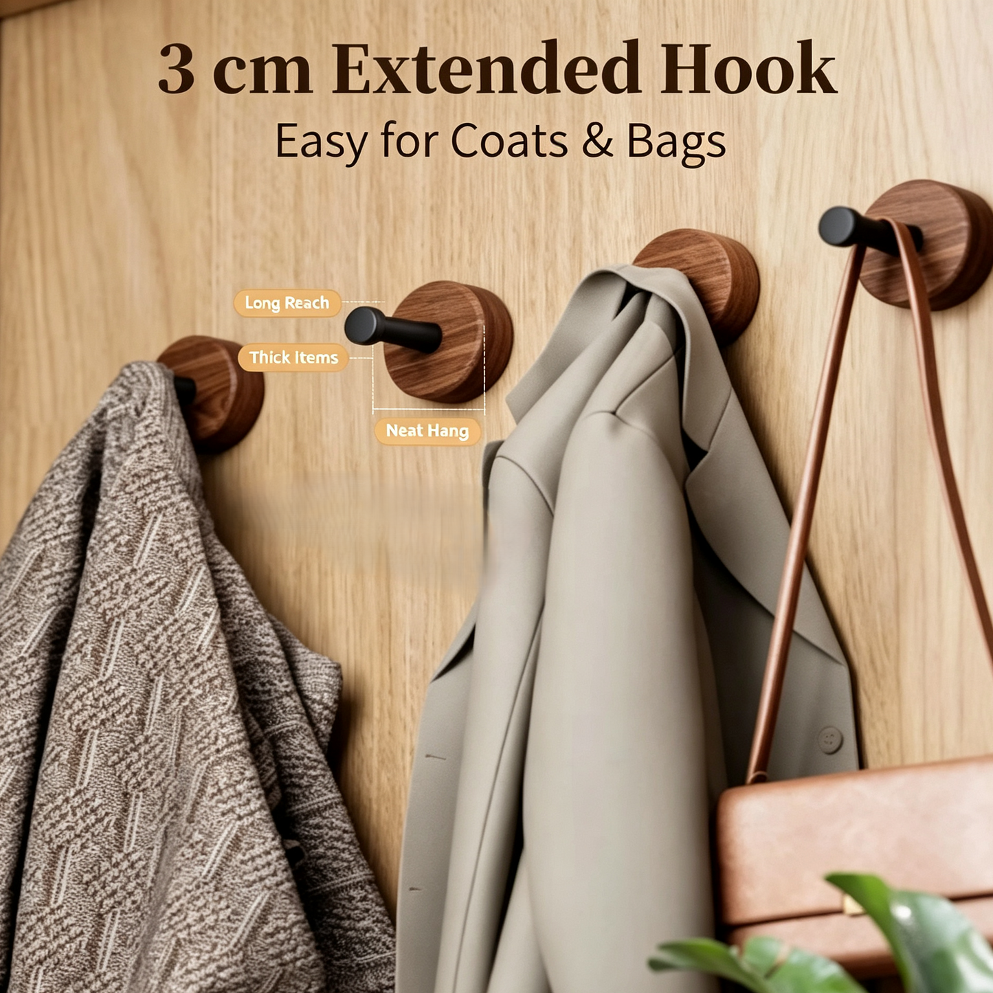 Wall Mounted Wood Grain Adhesive Hooks, Heavy Duty Aluminum Alloy Wall Hangers for Coat, Towel and Bag