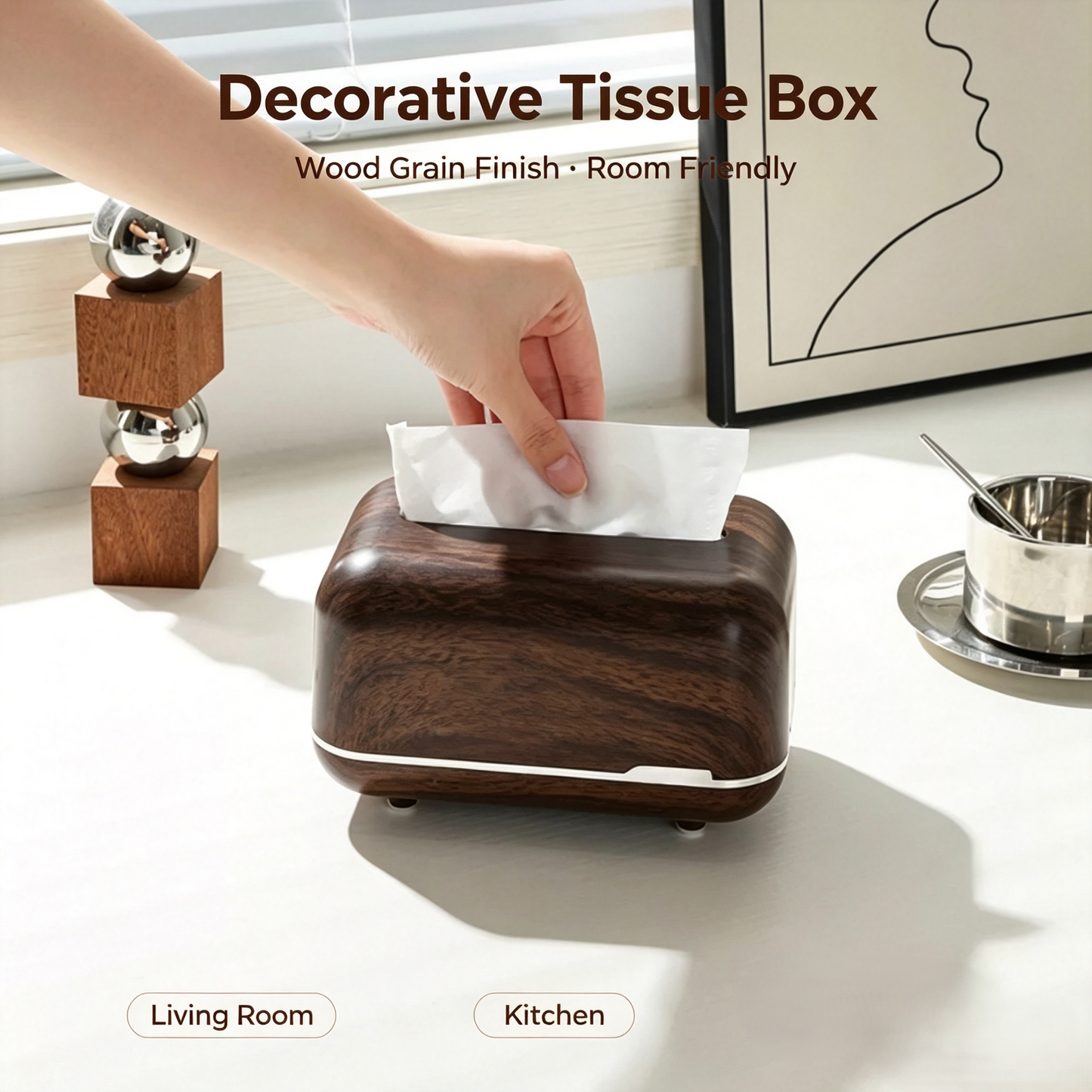 Walnut Wood Grain Tissue Box Dispenser, Decorative Rectangular Facial Tissue Holder for Bathroom, Kitchen &amp; Office