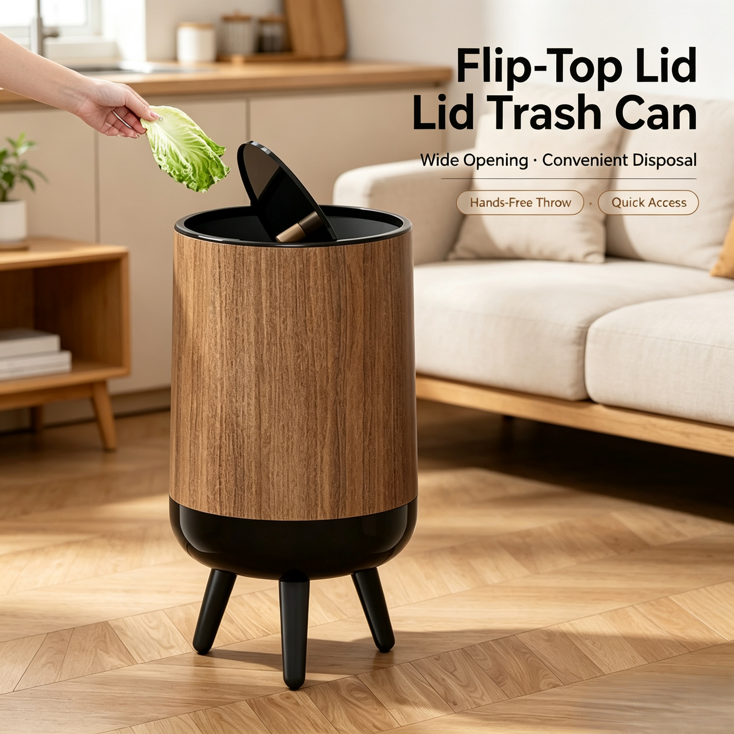 Wood Grain Round Trash Can with Tripod Base, Double Layer Detachable Waste Bin with Swing Lid