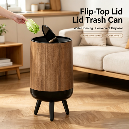 Wood Grain Round Trash Can with Tripod Base, Double Layer Detachable Waste Bin with Swing Lid