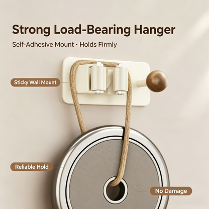 Drill-Free Wall Mounted Mop &amp; Broom Holder with Wooden Hook, Anti-Slip Silicone Clip Storage Organizer