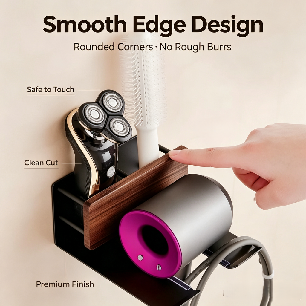 Wall Mounted Hair Dryer Holder Rack with Walnut Wood Accent, Bathroom Styling Tool Organizer with Storage Compartment
