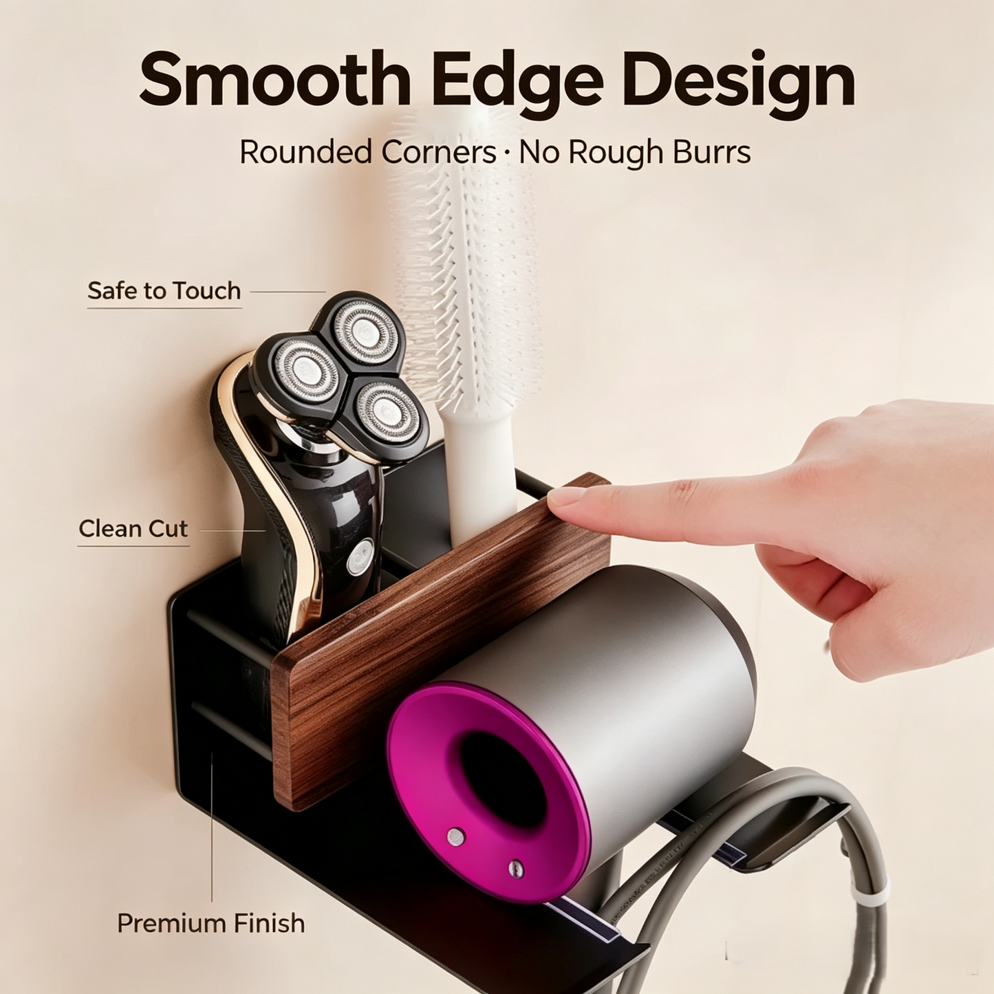 Wall Mounted Hair Dryer Holder Rack with Walnut Wood Accent, Bathroom Styling Tool Organizer with Storage Compartment