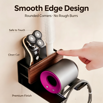 Wall Mounted Hair Dryer Holder Rack with Walnut Wood Accent, Bathroom Styling Tool Organizer with Storage Compartment