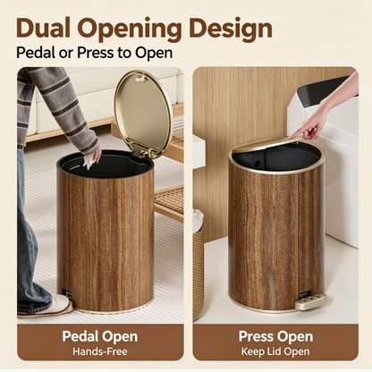 Walnut Wood Grain Pedal Trash Can, Dual-Opening Round Waste Bin with Removable Inner Bucket