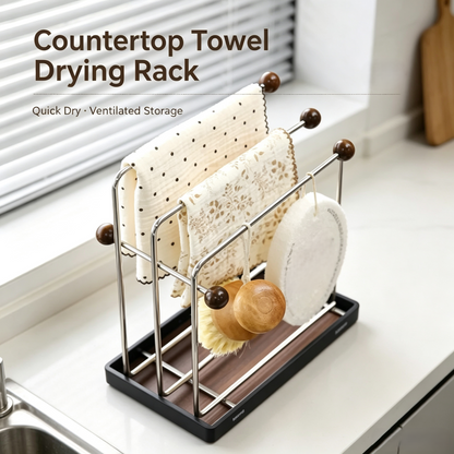 3-Tier Kitchen Dish Cloth Drying Rack, Stainless Steel Countertop Towel Holder with Detachable Drip Tray