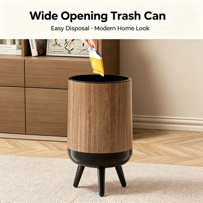 Wood Grain Round Trash Can with Tripod Base, Double Layer Detachable Waste Bin with Swing Lid
