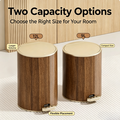 Walnut Wood Grain Pedal Trash Can, Dual-Opening Round Waste Bin with Removable Inner Bucket