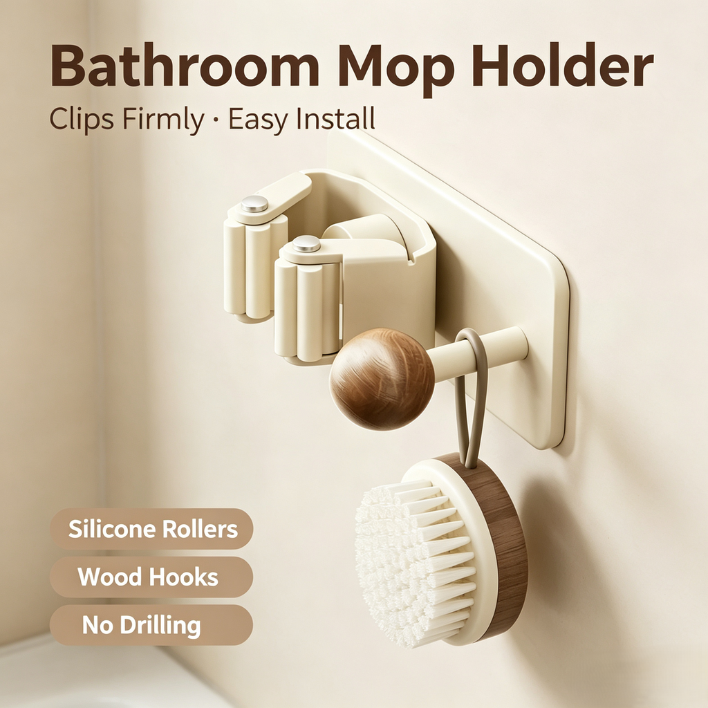 Drill-Free Wall Mounted Mop &amp; Broom Holder with Wooden Hook, Anti-Slip Silicone Clip Storage Organizer