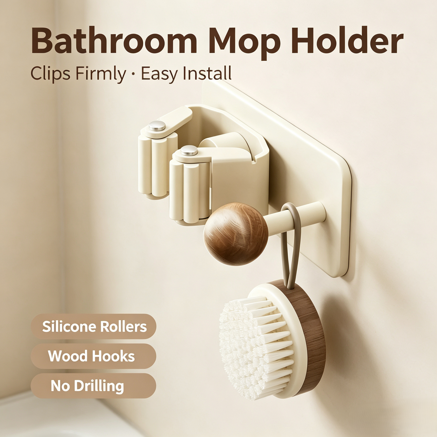Drill-Free Wall Mounted Mop &amp; Broom Holder with Wooden Hook, Anti-Slip Silicone Clip Storage Organizer