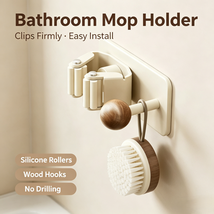 Drill-Free Wall Mounted Mop &amp; Broom Holder with Wooden Hook, Anti-Slip Silicone Clip Storage Organizer